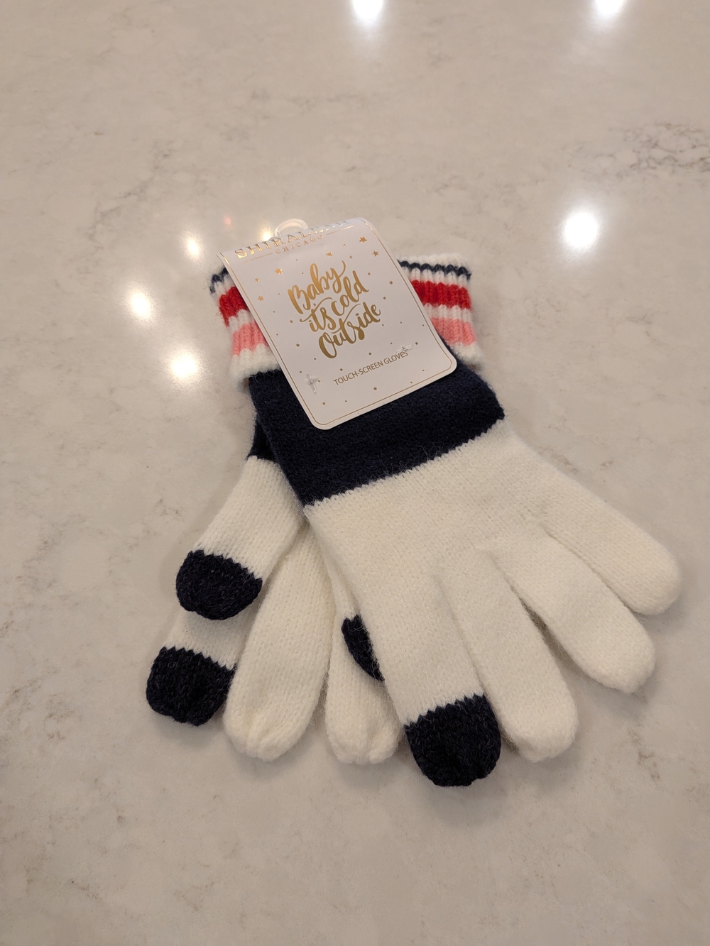 B#1: Women's Touchscreen Winter Gloves - Navy, White & Red Stripes One Size New